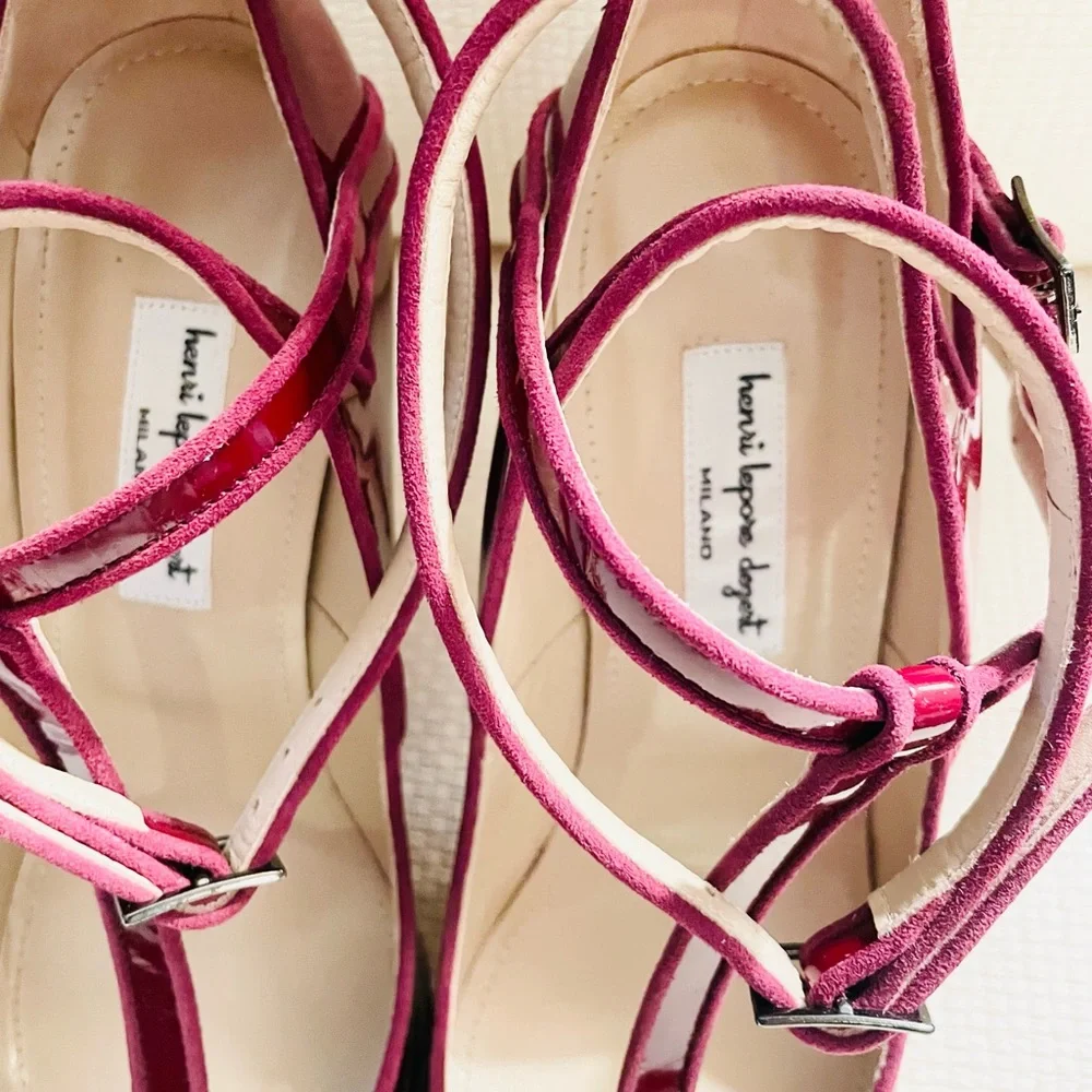 New! HENRI LEPORE DEZERT Carmela Burgundy Patent Crossback Heels  Shoes - Picture 11 of 12